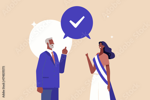 Diverse business professionals collaborate and achieve success with a checkmark symbol representing agreement and approval