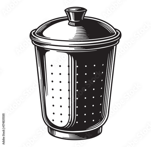 Detailed black and white drawing of a vintage tea strainer with lid and perforations