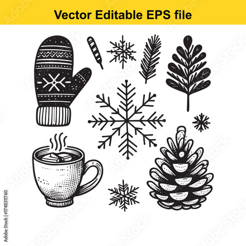 Vector art of assortment of winter icons featuring snowflakes, pine cone, mitten, hot drink, and evergreen sprig