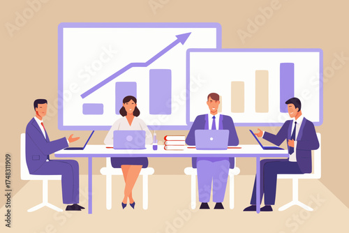 Business professionals in a meeting discussing growth charts and using laptops at a conference table
