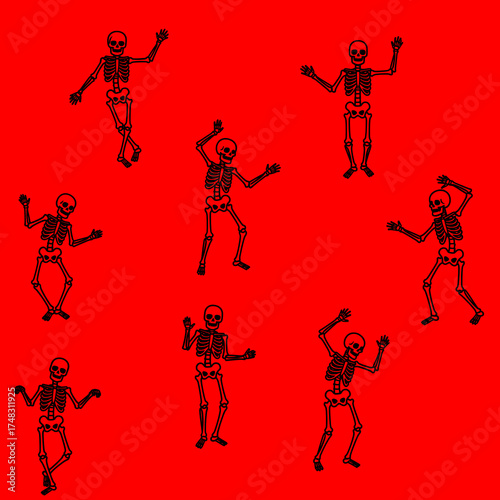 black skeletons icon set, dancing poses on isolated red background, goth, punk, emo, halloween	