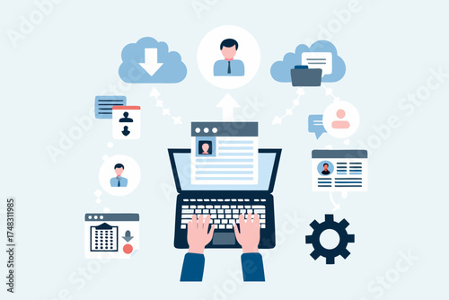 Digital workflow and data management concept with laptop cloud storage and user profiles