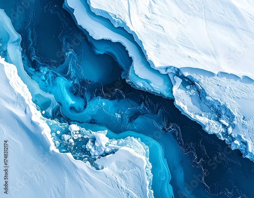 Aerial view of icy blue water and snow formations