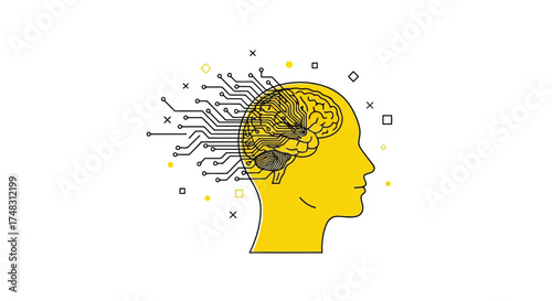 Vector illustration of silhouette of a human head with a stylized brain and circuits