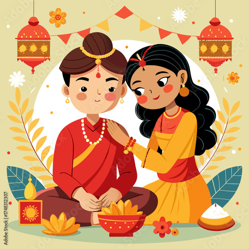"A festive Indian vector art scene of Bharti Ditiya celebration, showing a sister in traditional saree applying a sacred red tika (phonta) on her brother's forehead. The brother is wearing a kurta and
