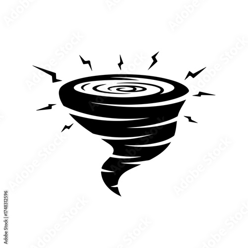 Black and White Stylized Tornado Vortex with Lightning Bolts Graphic