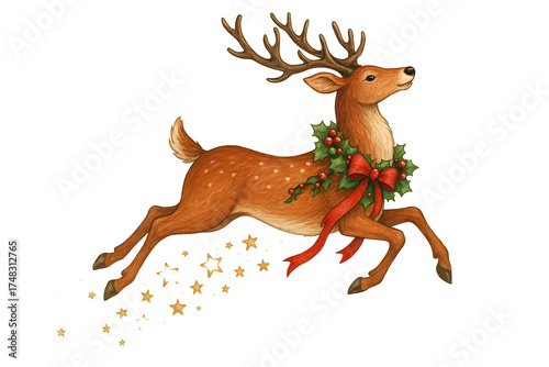 Fairy reindeer with golden stars and a red bow on a transparent background. Christmas illustration.