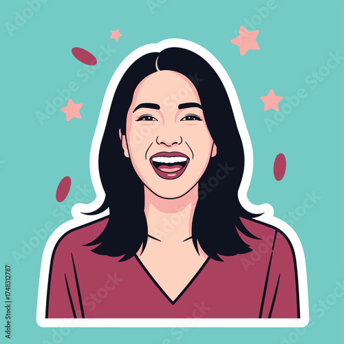 Joyful young woman with dark hair laughing surrounded by confetti and flowers