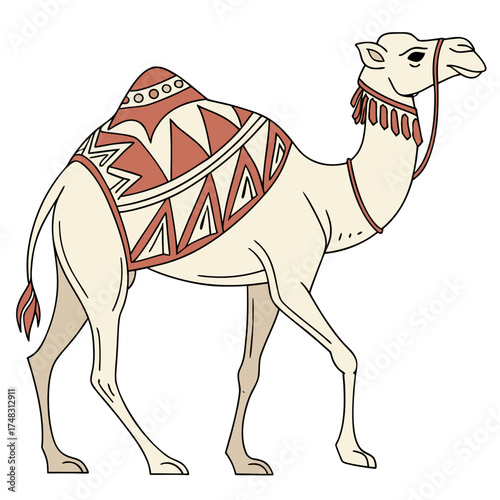 Illustration of a camel with a decorative saddle blanket walking on a white background view from the side