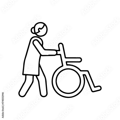 Simple Line Art Pictogram of Person Pushing Wheelchair on White