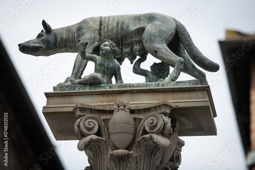 Sculpture of symbol of Siena - capitoline wolf breastfeeding Romulus and Remus at Piazza Tolomei in Siena, Italy