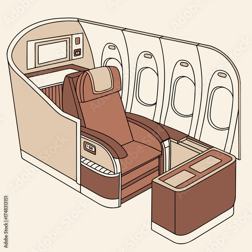 Illustration of a first class airplane seat with monitor and side table near the windows of the plane