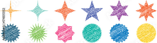 Set of chalk drawing stars. crayon hand drawn stars and sparkles set. Shine or sparkle doodle collection. Chalk  frames doodle set. Grunge color stars collection with chalk.