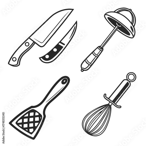 Illustration of kitchen utensils including knives, ladle, spatula, and whisk in black and white style