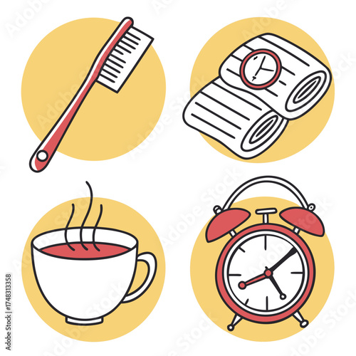 Illustration showing toothbrush, towels, coffee cup and alarm clock on yellow circle backgrounds