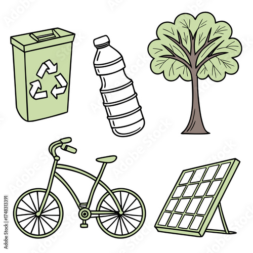 Illustration showing recycling bin, water bottle, tree, bicycle, and solar panel on a white background