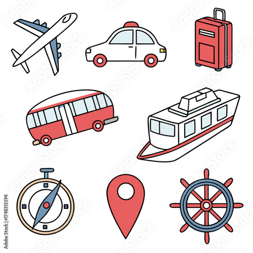 Cartoon travel icons including airplane taxi suitcase bus boat compass map marker and ship wheel art