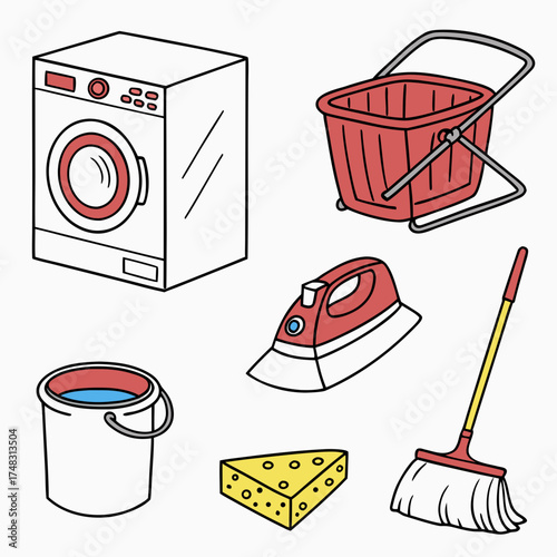 Illustration showing laundry machine, mop bucket, iron, sponge and mop for cleaning and washing tasks