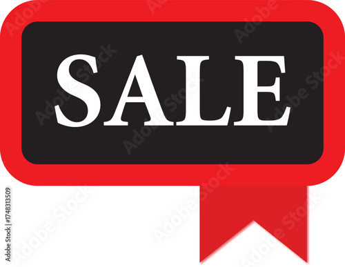 Red and black sale banner label with ribbon shape vector design