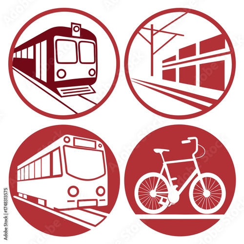 Four circular icons depicting different modes of transportation in a red and white color scheme design