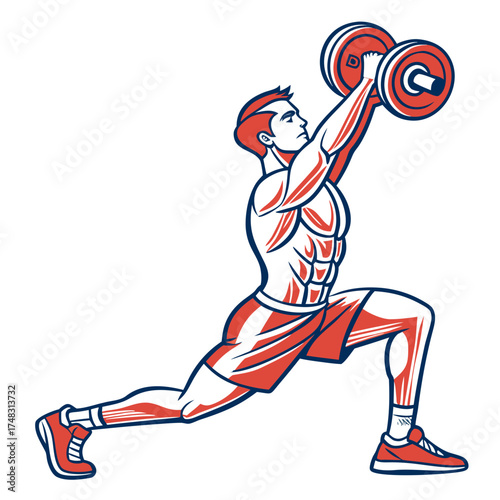Illustration of a muscular man in a lunge position lifting dumbbells overhead with red and blue outlines