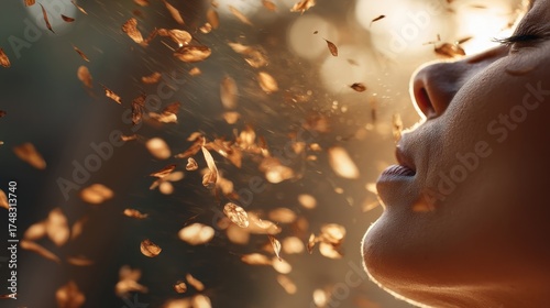 Mindful Relaxation & Mental Health Concept. Breathing in nature with falling leaves and warm tones.