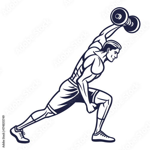 Man in athletic stance lifting dumbbell overhead with focus and determination in monochrome illustration
