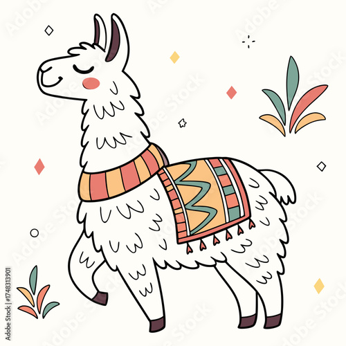Illustration of a white llama with a colorful blanket and scarf walking peacefully on a white background