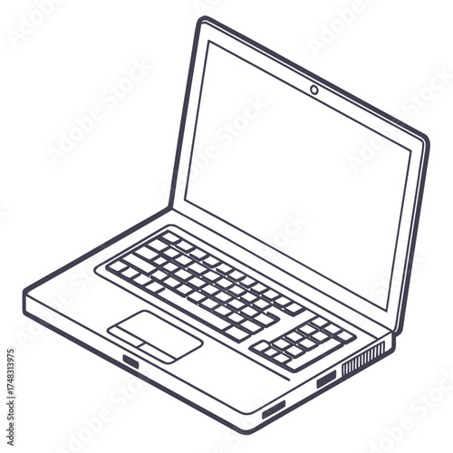 Isometric line drawing of an open laptop with a keyboard and trackpad on a white background view from above