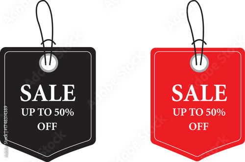 Red and black sale tags with up to 50 percent off offer