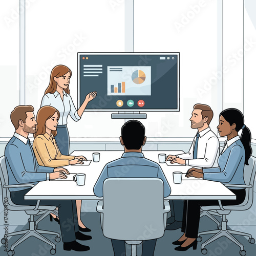 Diverse business team collaborating in a modern conference room with video conferencing