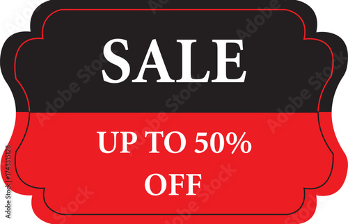 Red and black rectangular sale banner with up to 50% off
