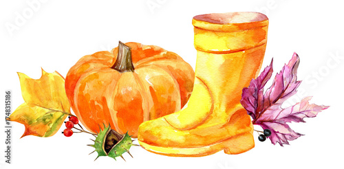 Φωτογραφία Orange pumpkin, yellow rubber boot, colorful fallen leaves and chestnut, Thanksg