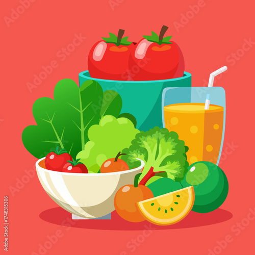 Vibrant healthy food assortment featuring fresh fruits vegetables and juice vector illustration