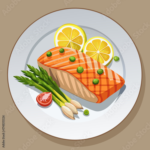 Delicious grilled salmon fillet with asparagus and lemon on a plate vector illustration