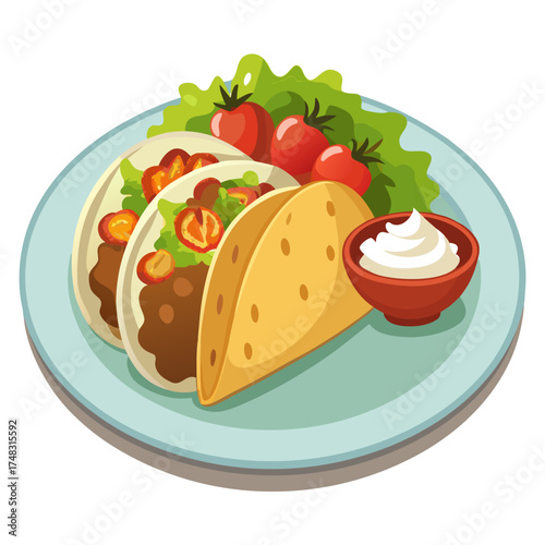 Delicious tacos with fresh toppings and sour cream appetizing vector illustration