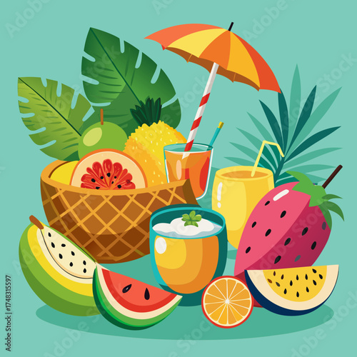 Vibrant tropical fruit basket with drinks and parasol fresh refreshing summer delight