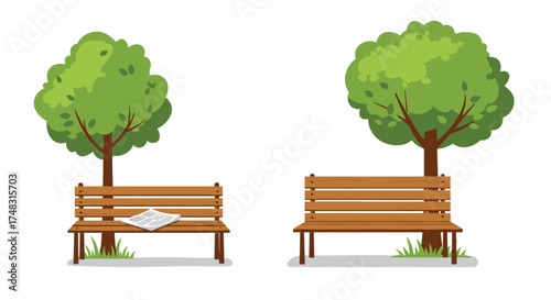 A peaceful park scene with benches under lush green trees depicted