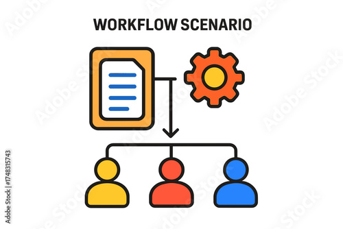 Workflow scenario illustration with document, gear, and team members workflow scenario layout