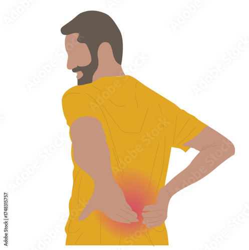 man holding waist.Young man holding his lower back with red spot of pain symptom. Concept of back pain