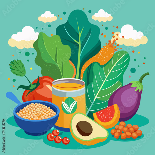 Vibrant vector illustration of healthy vegan food fruits vegetables juice and grains