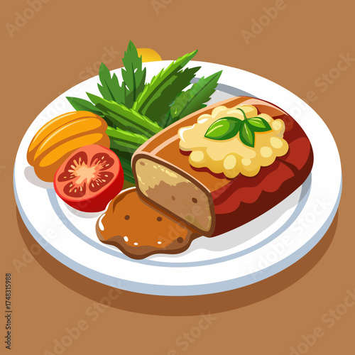 Delicious meatloaf dinner plate vector illustration scalable eps for stock food graphics