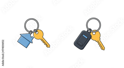 Two keychains with house key and car remote isolated on white