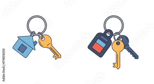 Two keychains with house shaped charm keys and car key fob