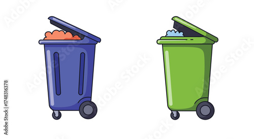 Two trash cans one blue and one green filled with waste