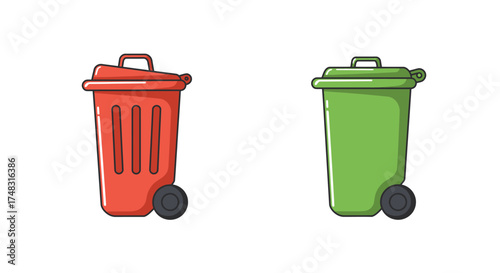 A simplistic illustration depicting a red and a green wheeled trash bin