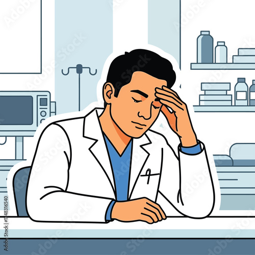 Doctor feeling stressed and tired at his desk in a medical office
