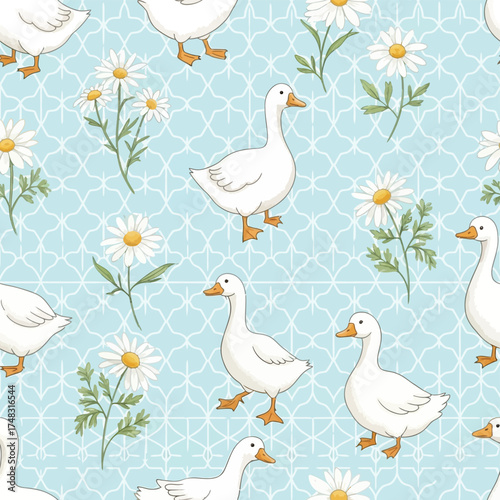 Charming seamless pattern of white geese and daisies on a light blue polka dot background