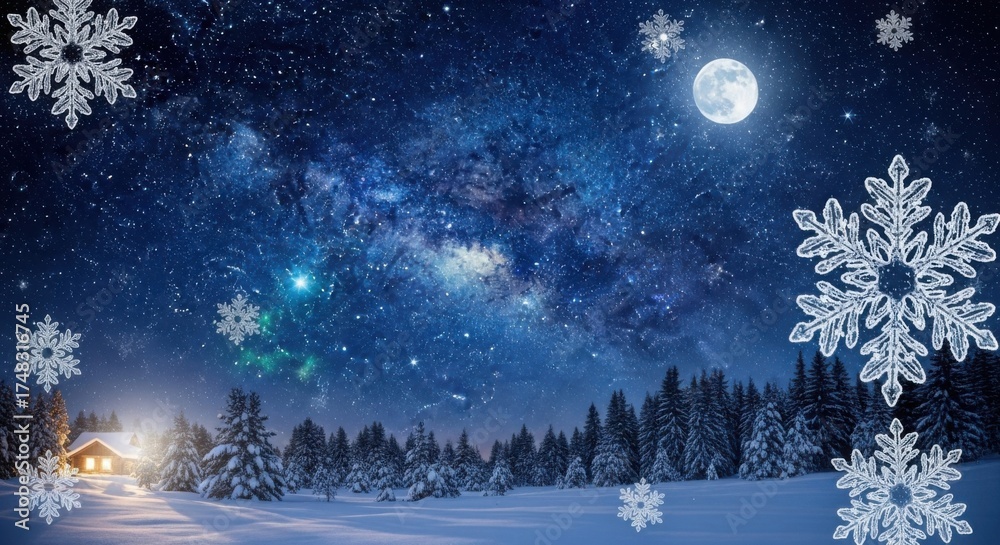 Fototapeta premium Winter night landscape with snow covered trees and snowflakes