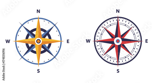 Two compass roses displaying cardinal directions with distinct color schemes